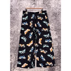 Butterfly Print Black Wide-Leg Pants